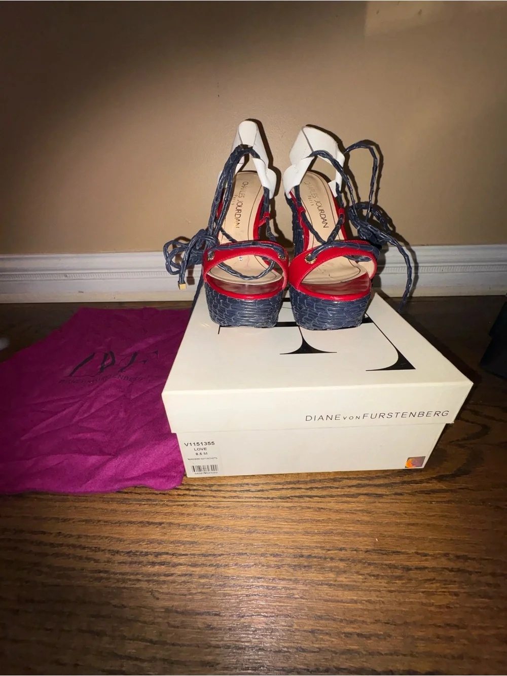 Diane Von Furstenberg Red, White and Black Lace-Up Wedge Sandals